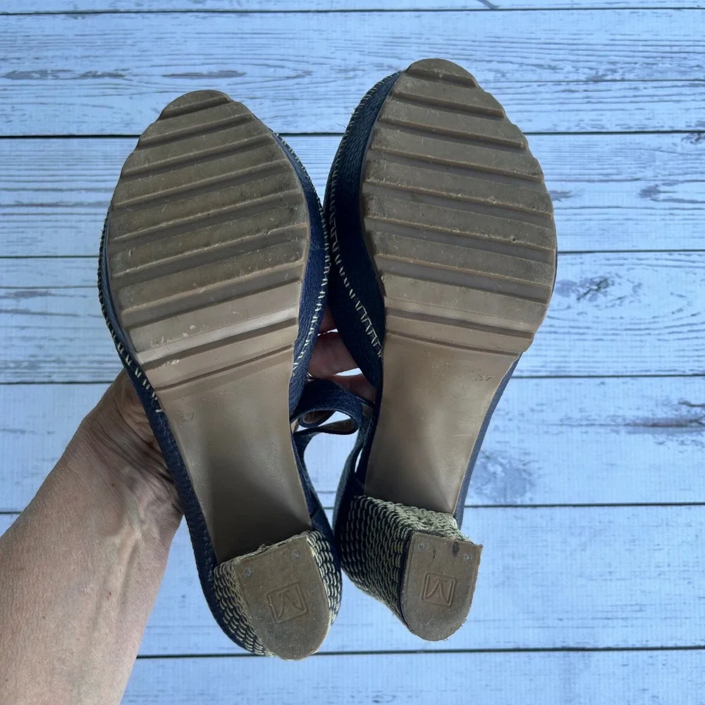 Bon-Bonite Navy Pebbled Leather Platform Mary Jane Peep Toe Heels Size 37